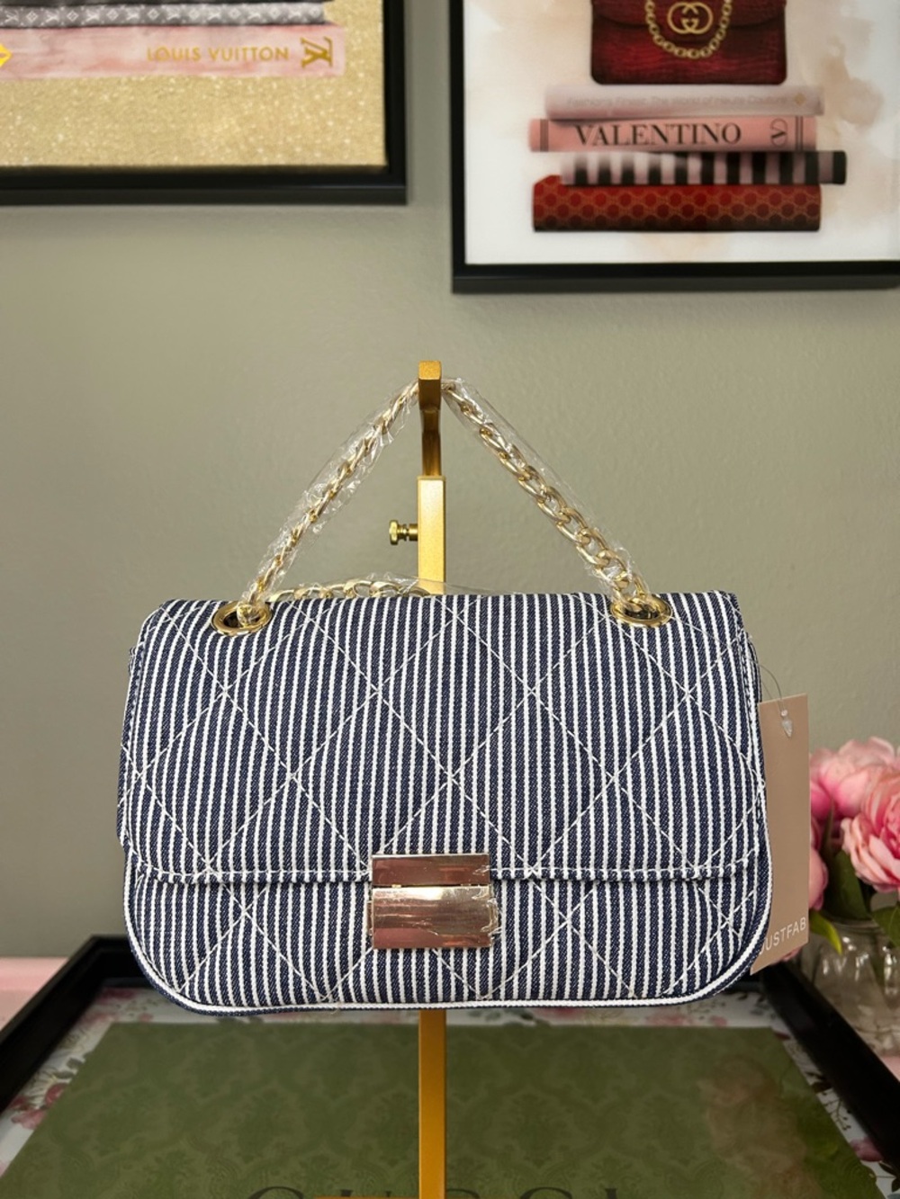 Quilted Navy Stripe Top-Handle Shoulder Bag -